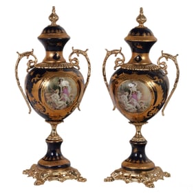 French Pair of Vintage Sevres Style Porcelain Urns