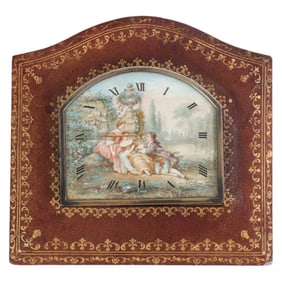 French Silver and Leather Painted Desk Top Clock