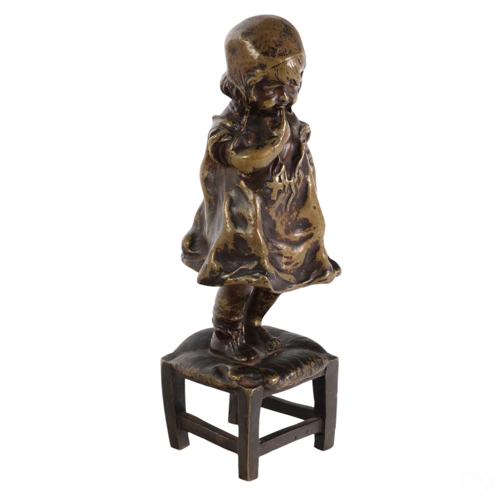 Juan Clara 1875-1958 Bronze Girl on Chair SIGNED: An antique bronze sculpture by Juan Clara Ayats (Spanish, 1875-1958) titled "Young Girl on Stool", portraying a young girl standing on a stool. This piece exemplifies Clara's focus on depictions of ch