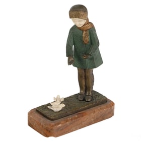 Art Deco Bronze Child w Birds Sculpture after Lemo