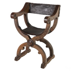 Antique Italian Wood Leather Curule Style Chair