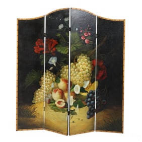 Antique Flora and Fruit Painted Four Panel Screen