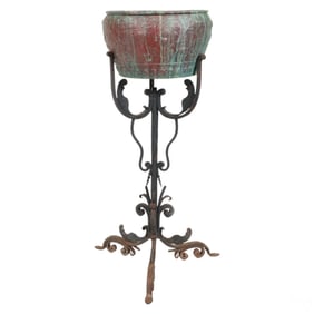 19C Wrought Iron Plant Stand with Copper Planter