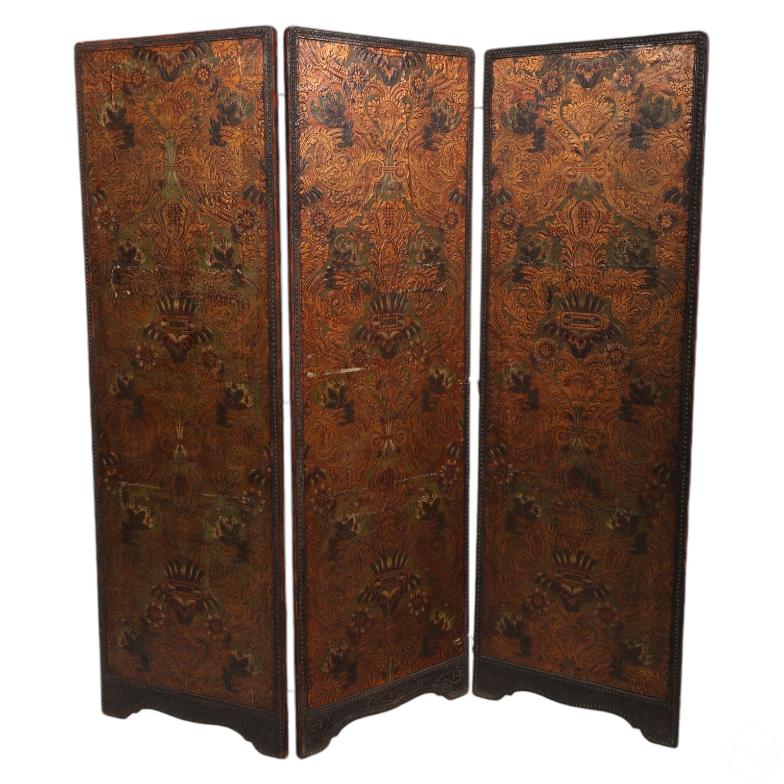 Antique Cordoba Leather Panel Screen Room Divider: An antique Cordoba leather three-panel folding screen featuring richly embossed leather on the front with classic floral and scrollwork patterns, showcasing traditional Cordoba craftsmanship. The reve