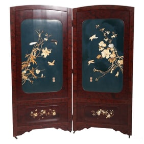 Chinoiserie Carved Flower Bird Wood Folding Screen