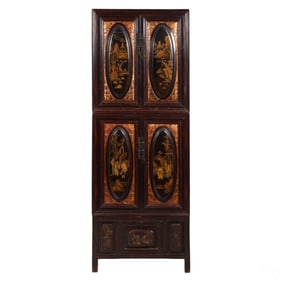 Antique Chinoiserie Tall Painted Wedding Cabinet