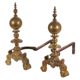 Antique Pair of Brass Lion Head & Sphere Andirons