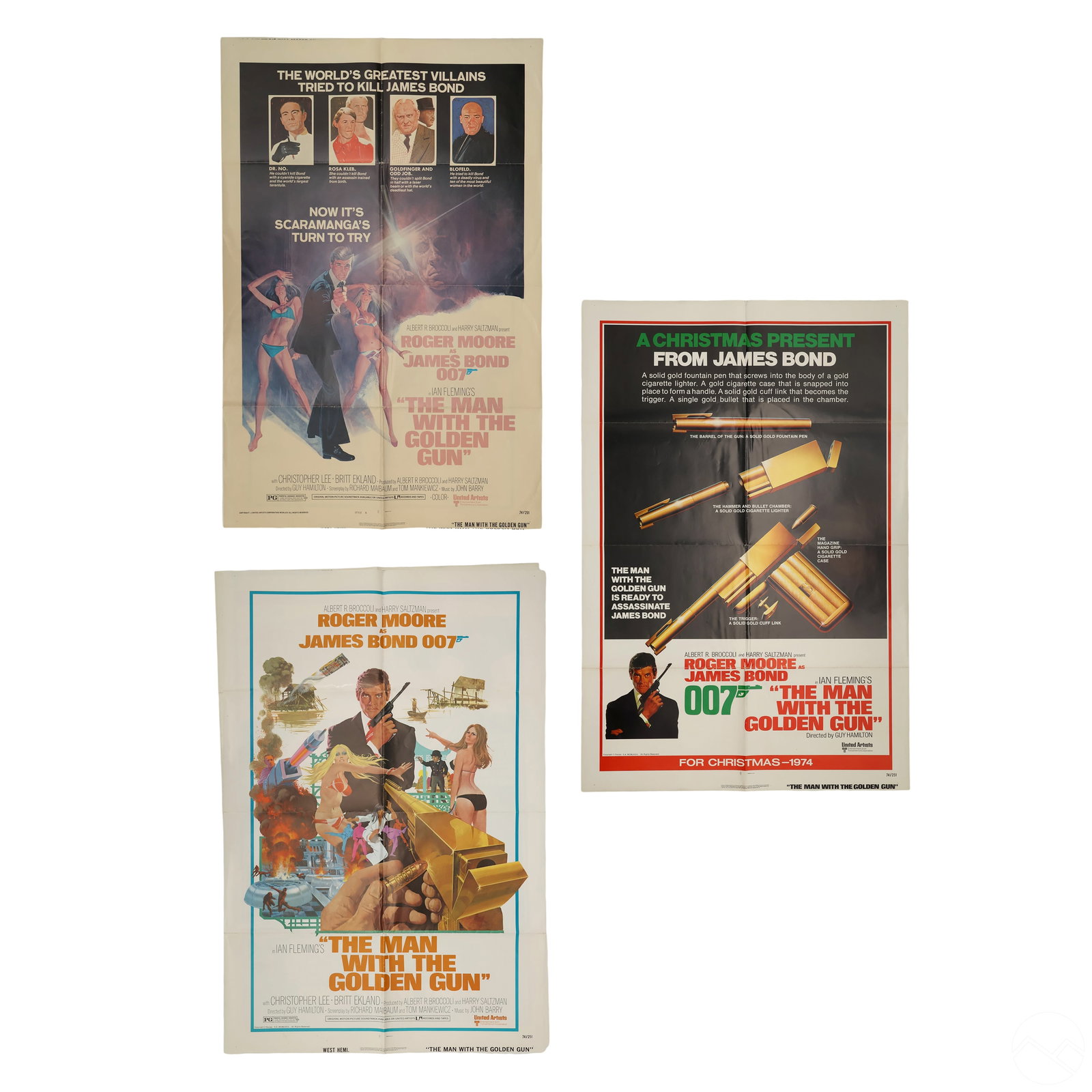 James Bond Man With The Golden Gun Poster 3pc LOT: This collection features three posters from the 1974 James Bond film The Man with the Golden Gun, starring Roger Moore as 007. The film follows Bond's confrontation with the assassin Francisco Scarama