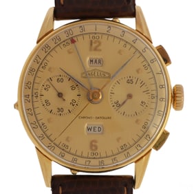 Angelus 18k Gold Chrono Watch w Month Day Function