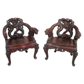 Asian Pair of Tokugawa Carved Wood Dragon Chairs