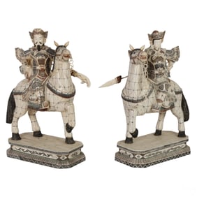 Chinese Pair of Ox Bone Warrior Statues on Horses