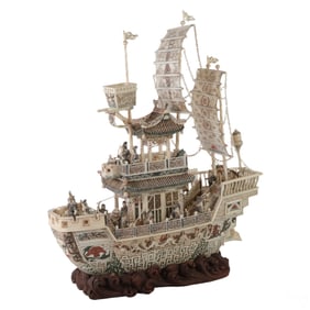 Chinese Carved Bone Sailing Warrior Ship Sculpture