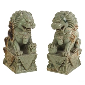 Chinese Pair of Jadestone Foo Dog Guardian Statues