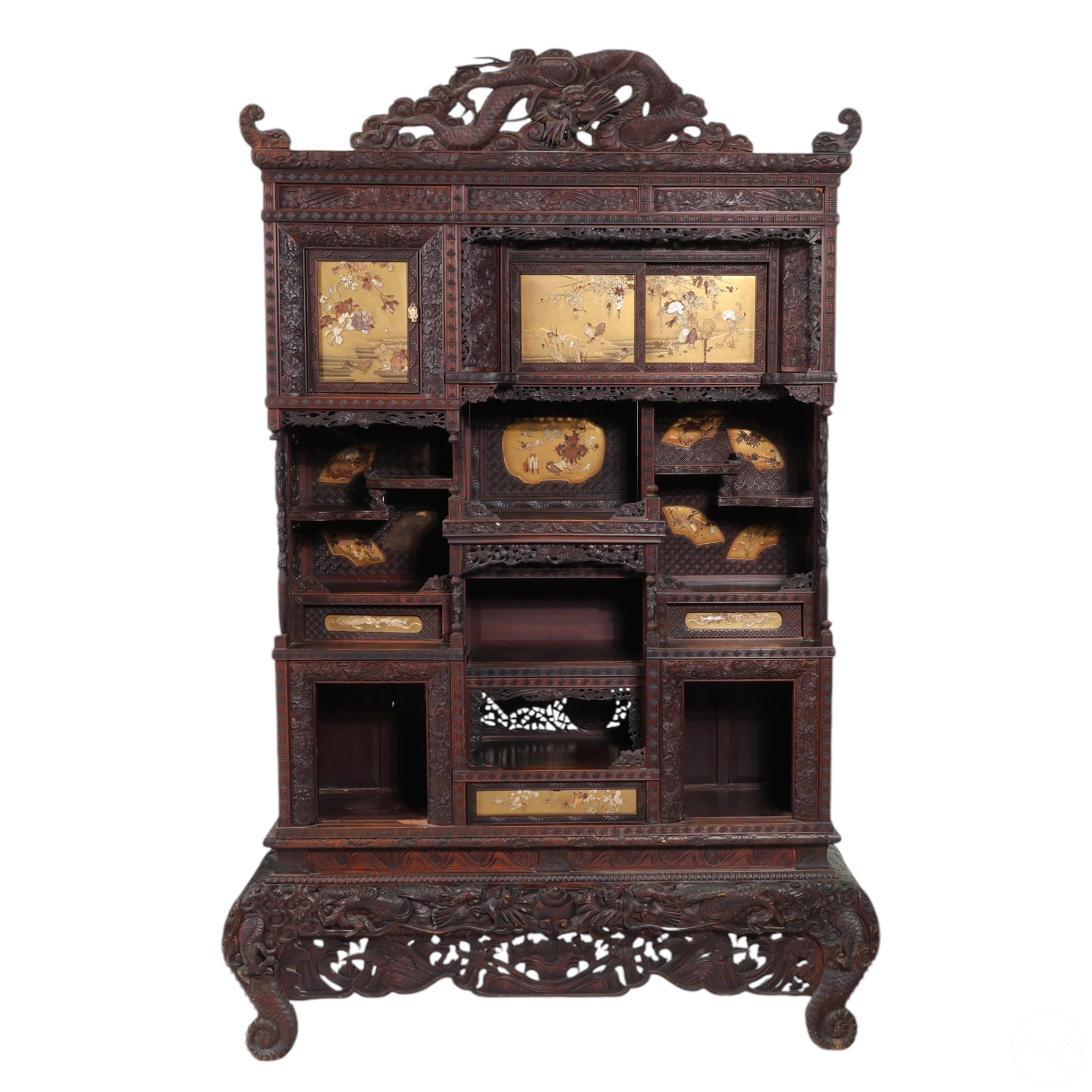 Japanese Meiji Era Carved Inlaid Shodana Cabinet: An antique Japanese Meiji-period Shodana cabinet, showcasing masterful wood carving and intricate inlay work. The upper section features a large, intricately carved dragon, while the sliding panels be