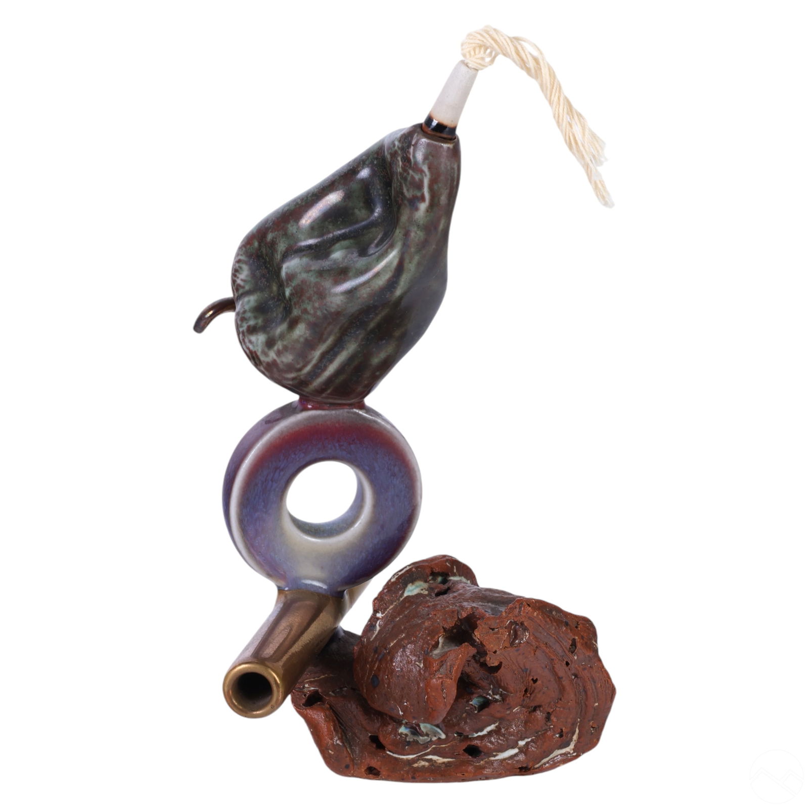 Adrian Saxe b.1943 Abstract Pottery Art Lantern: Studio art pottery oil lantern by Adrian Saxe (American, born 1943), blending functional utility with sculptural artistry. Designed in the organic shape of a pepper or pod, the lantern rests on a text