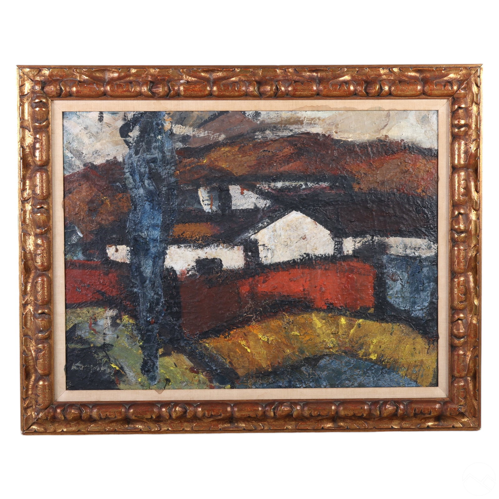 Gyula Konfar 1933-2008 Country Landscape Painting: Gyula Konfar (Hungarian, 1933-2008) original oil painting on board depicting an abstracted landscape with a cluster of whitewashed houses nestled among rolling hills. Rendered in an autumnal palette o