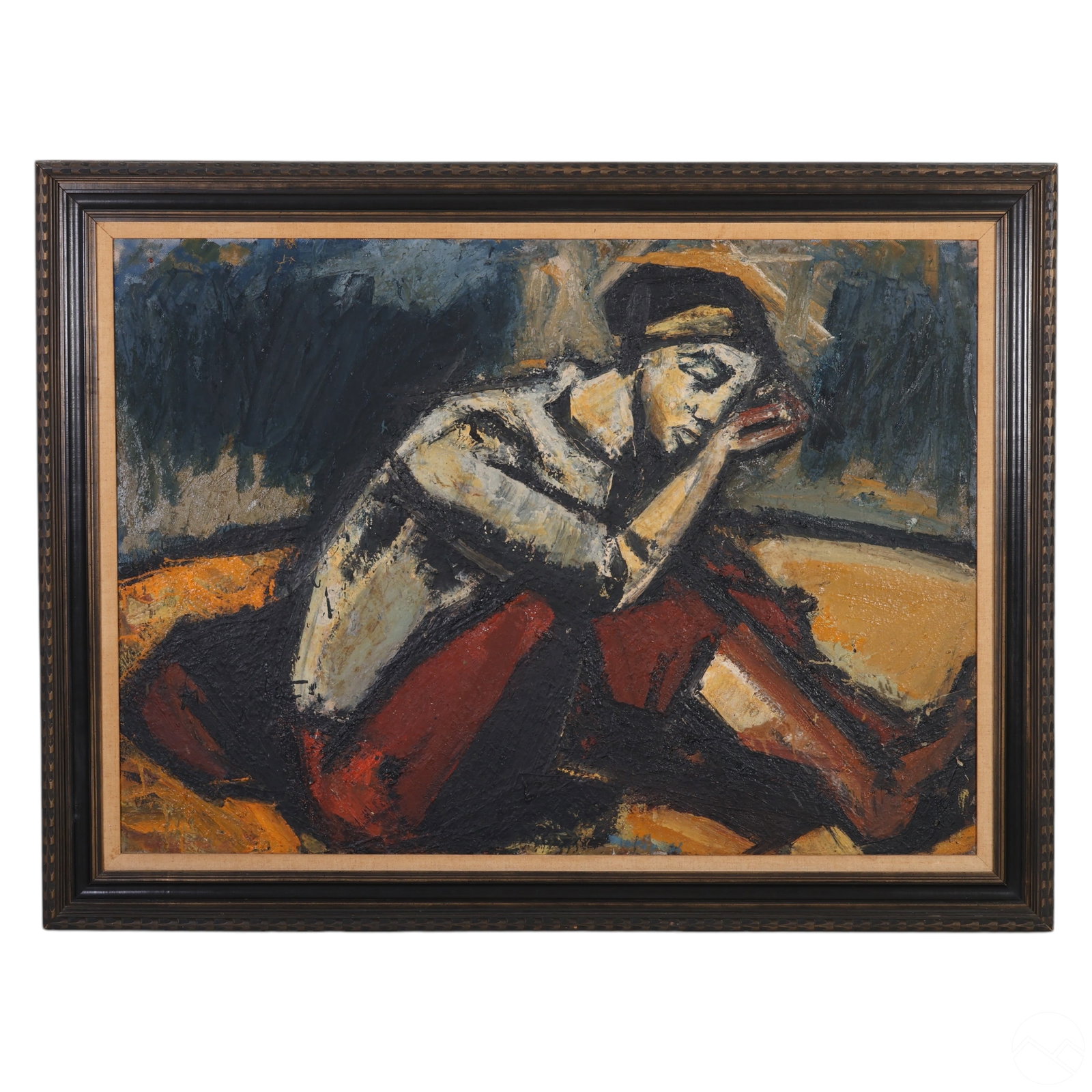 Gyula Konfar 1933-2008 Resting Woman Oil Painting: Gyula Konfar (Hungarian, 1933-2008) original oil on board titled Seated Woman, depicting a contemplative figure with a hand resting on her head, rendered in a modernist style. Textured brushstrokes an