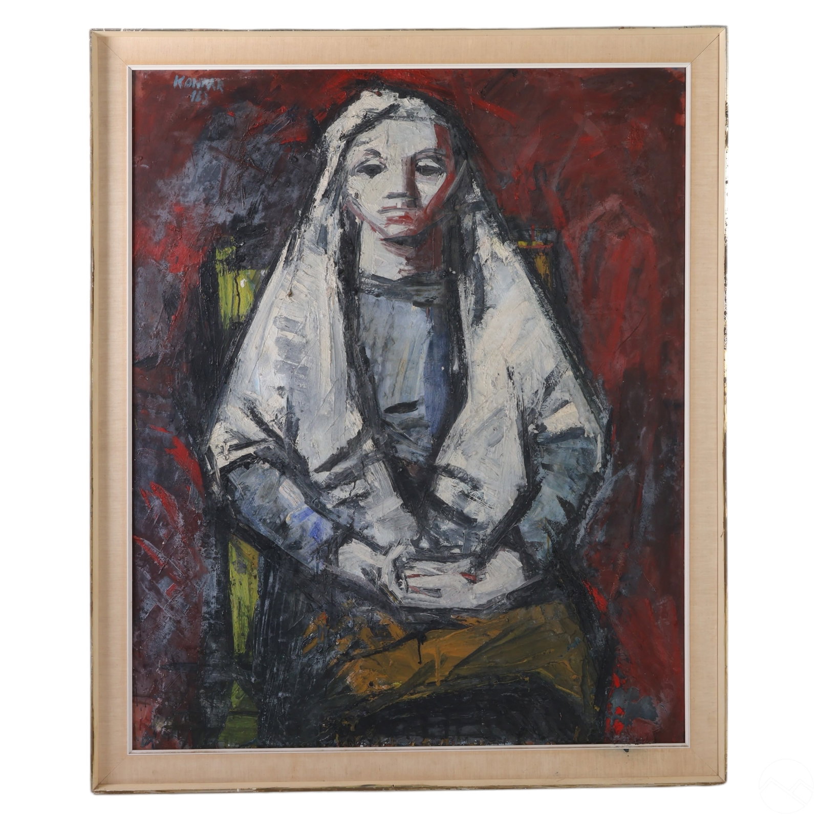 Gyula Konfar 1933-2008 Woman in Headscarf Painting: Gyula Konfar (Hungarian, 1933-2008) original oil painting on board depicting a seated woman with a scarf over her head, rendered in an expressive, textured style. Signed with an illegible date in the 