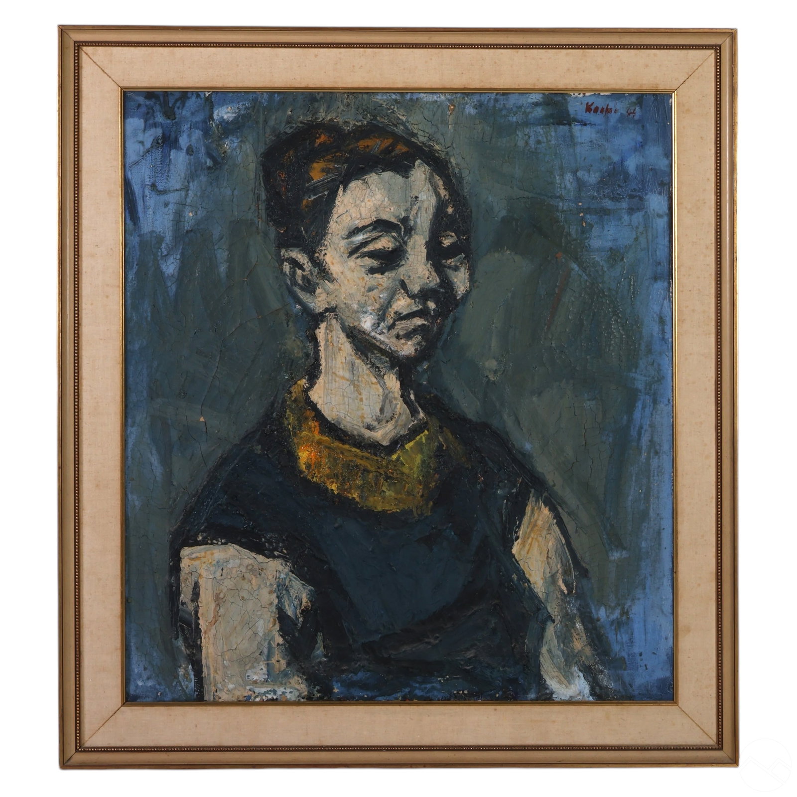 Gyula Konfar 1933-2008 Portrait of a Lady Painting: Gyula Konfar (Hungarian, 1933-2008) original oil painting on board depicting an abstract portrait of a woman with a reserved expression, rendered in shades of gray, blue, and black with accents of yel