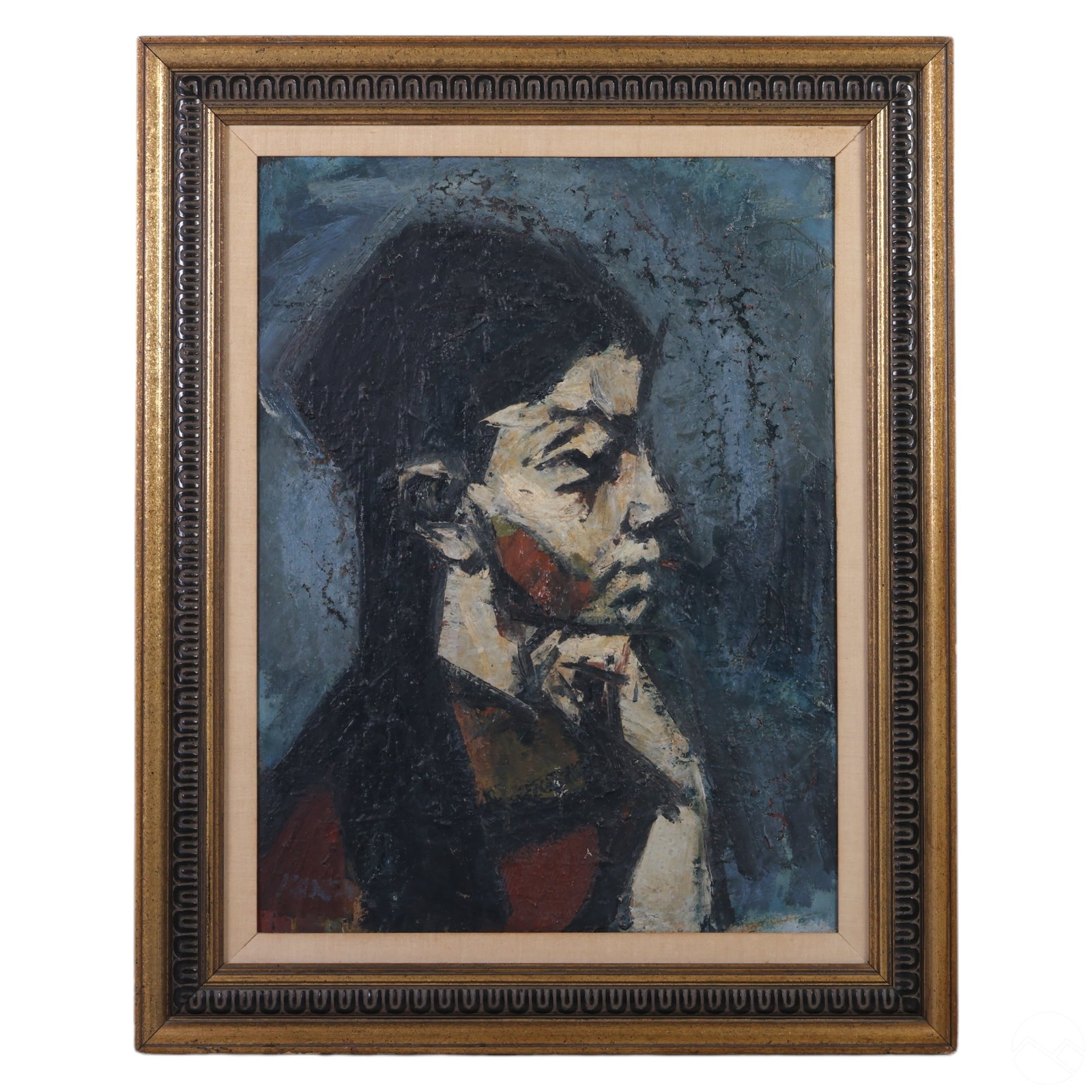 Gyula Konfar 1933-2008 Abstract Portrait Painting: Gyula Konfar (Hungarian, 1933-2008) original oil painting on board depicting a contemplative portrait of a boy in muted tones with earthy accents. Rendered in Konfar's modernist style with textured pa