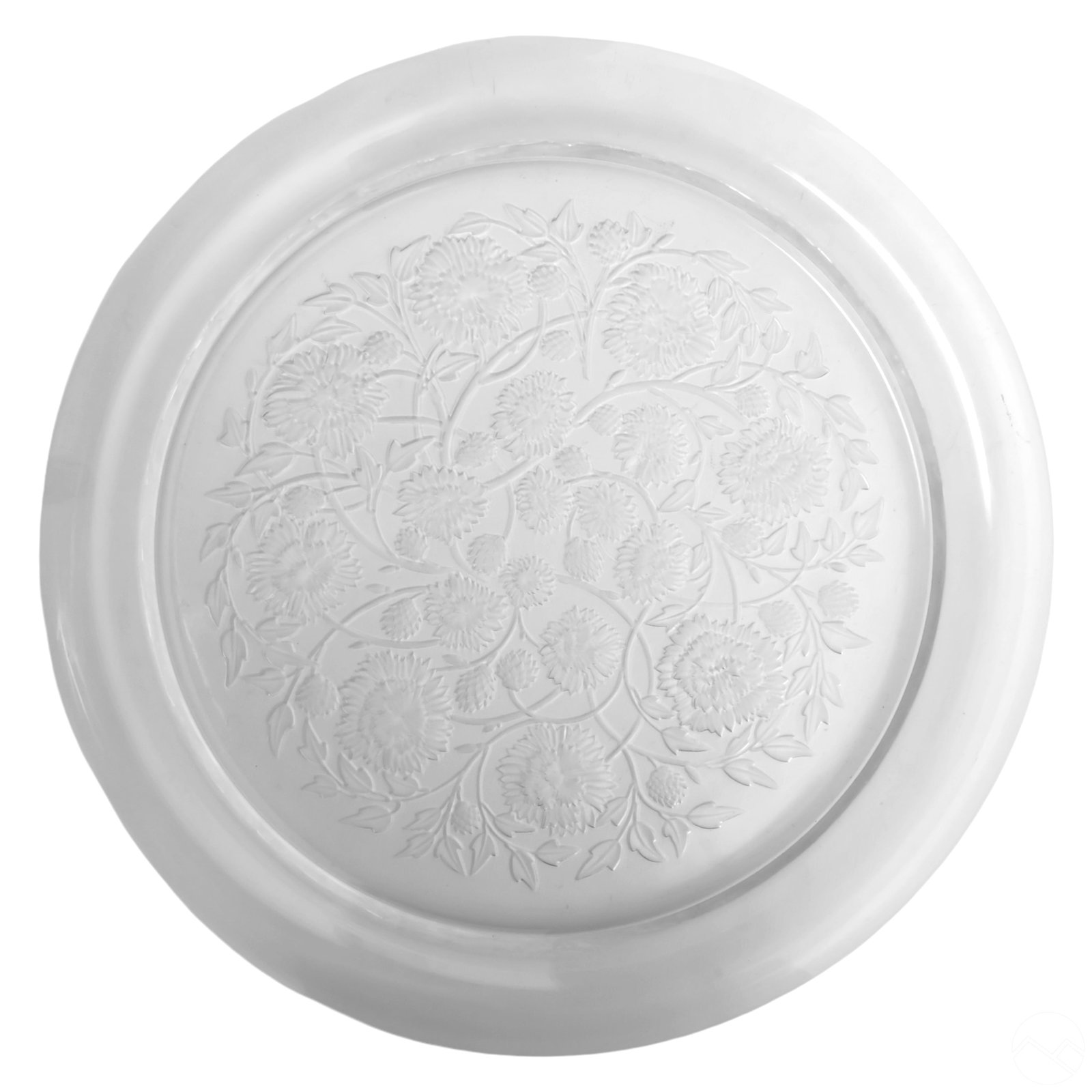 Lalique Frosted Chrysanthemum Floral Glass Charger: Lalique French crystal art glass charger featuring a delicate molded and reverse-engraved chrysanthemum flower motif surrounded by intricate foliage. This beautifully crafted piece highlights Lalique'
