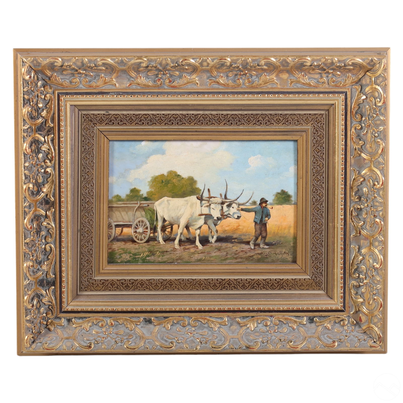 Laszlo Neogrady 1896-1962 Landscape Oil Painting: Laszlo Neogrady (Hungarian, 1896-1962), antique oil painting on wood panel depicting a farmer guiding oxen pulling a cart along a rural path. Set against open fields and a cloudy sky, the artwork capt