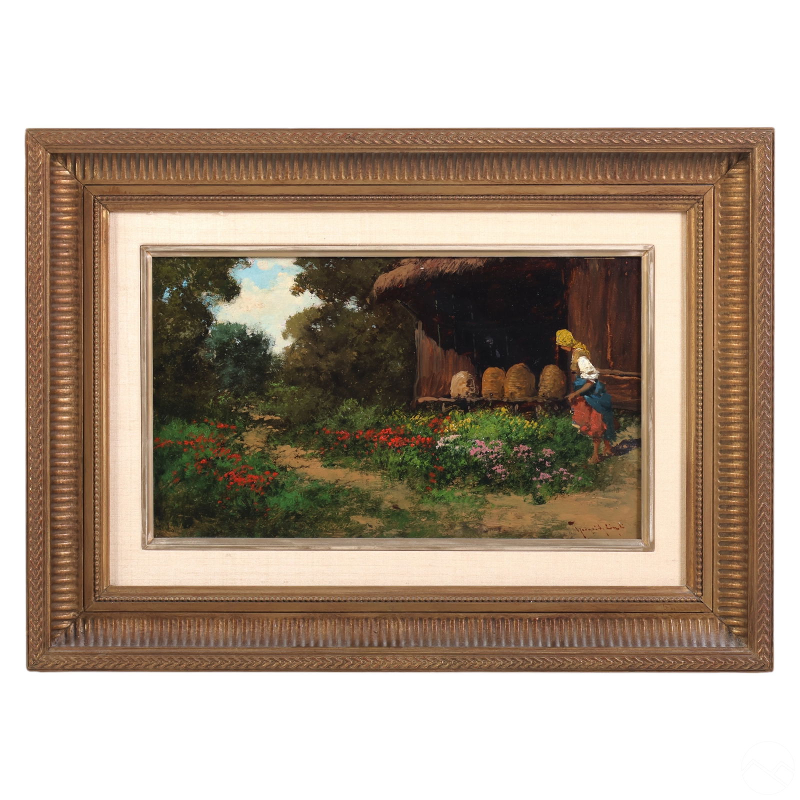 Laszlo Neogrady 1896-1962 Landscape Oil Painting: Laszlo Neogrady (Hungarian, 1896-1962), an antique oil painting on board depicting a garden scene. The composition features a rustic structure surrounded by flowering foliage, with a Hungarian woman t