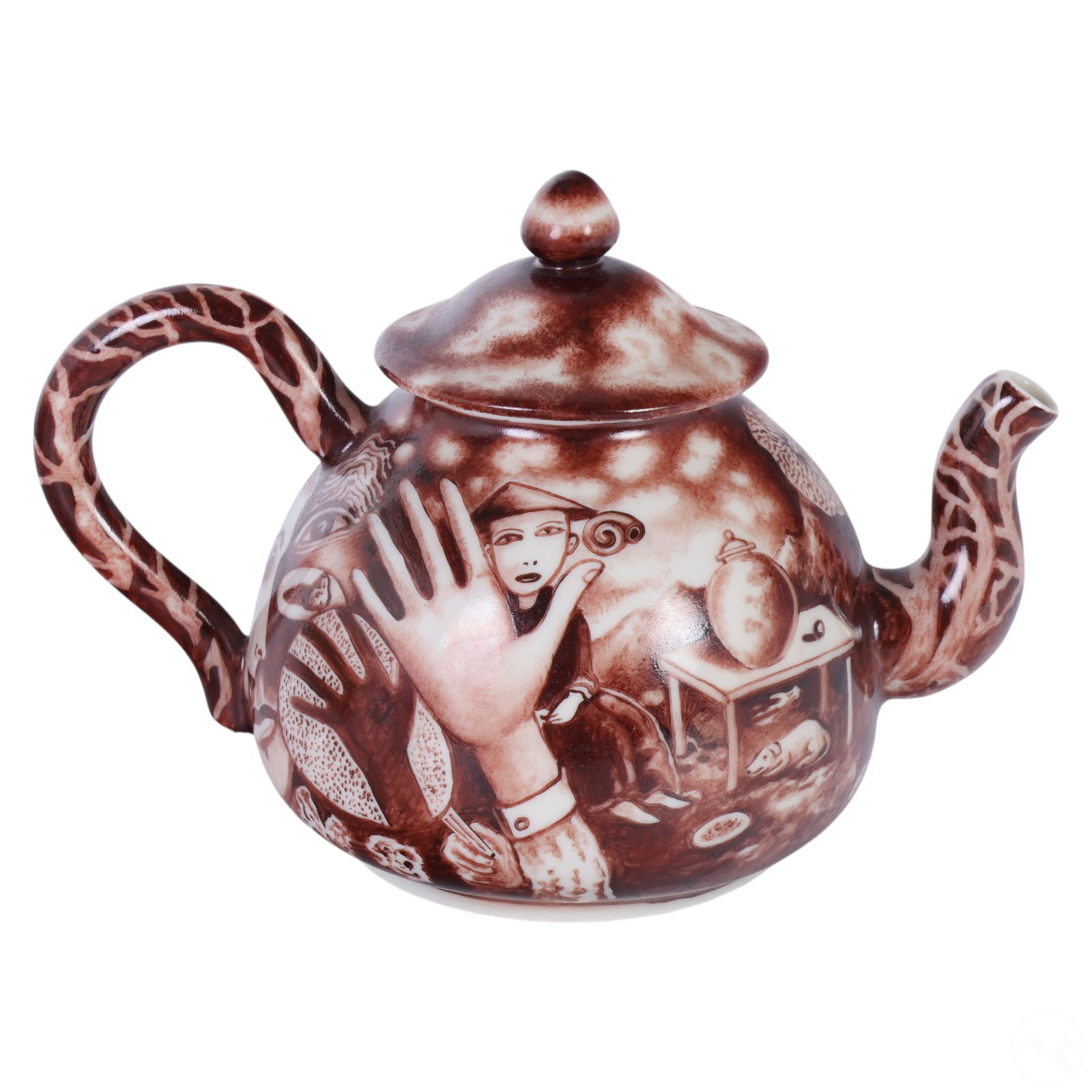 Kurt Weiser b.1950 Hand Painted Porcelain Teapot: Kurt Weiser (American, born 1950), a porcelain ceramic art teapot featuring sepia-toned surrealist scenes with human figures, animals, and symbolic elements. The intricate imagery reflects Weiser's re