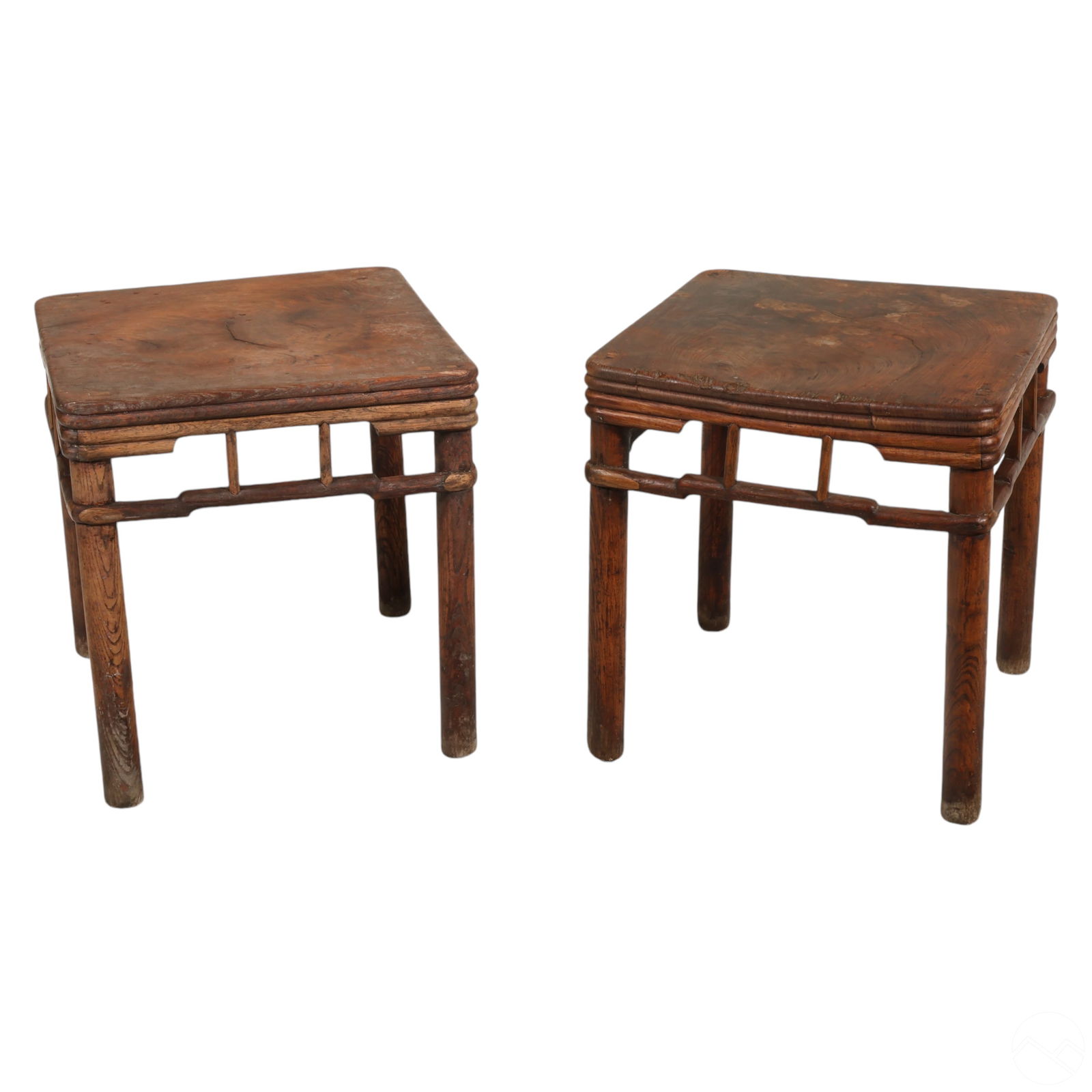 Chinese Pair of Antique Wooden Square End Tables: Pair of rustic handcrafted Chinese tea tables featuring traditional woodworking techniques with square tops, slightly rounded edges, and straight legs connected by stretcher bars. No apparent maker's