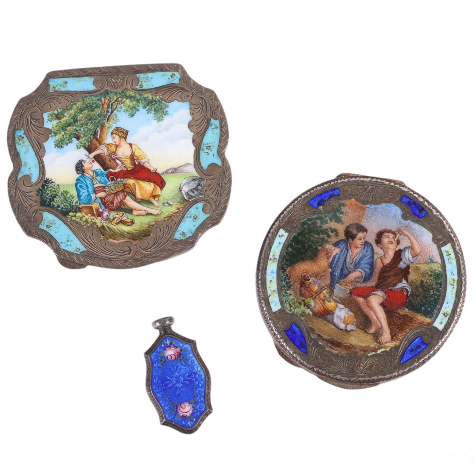 800 Silver Enamel Mirror Compact Scent Bottle LOT (1 of 5)