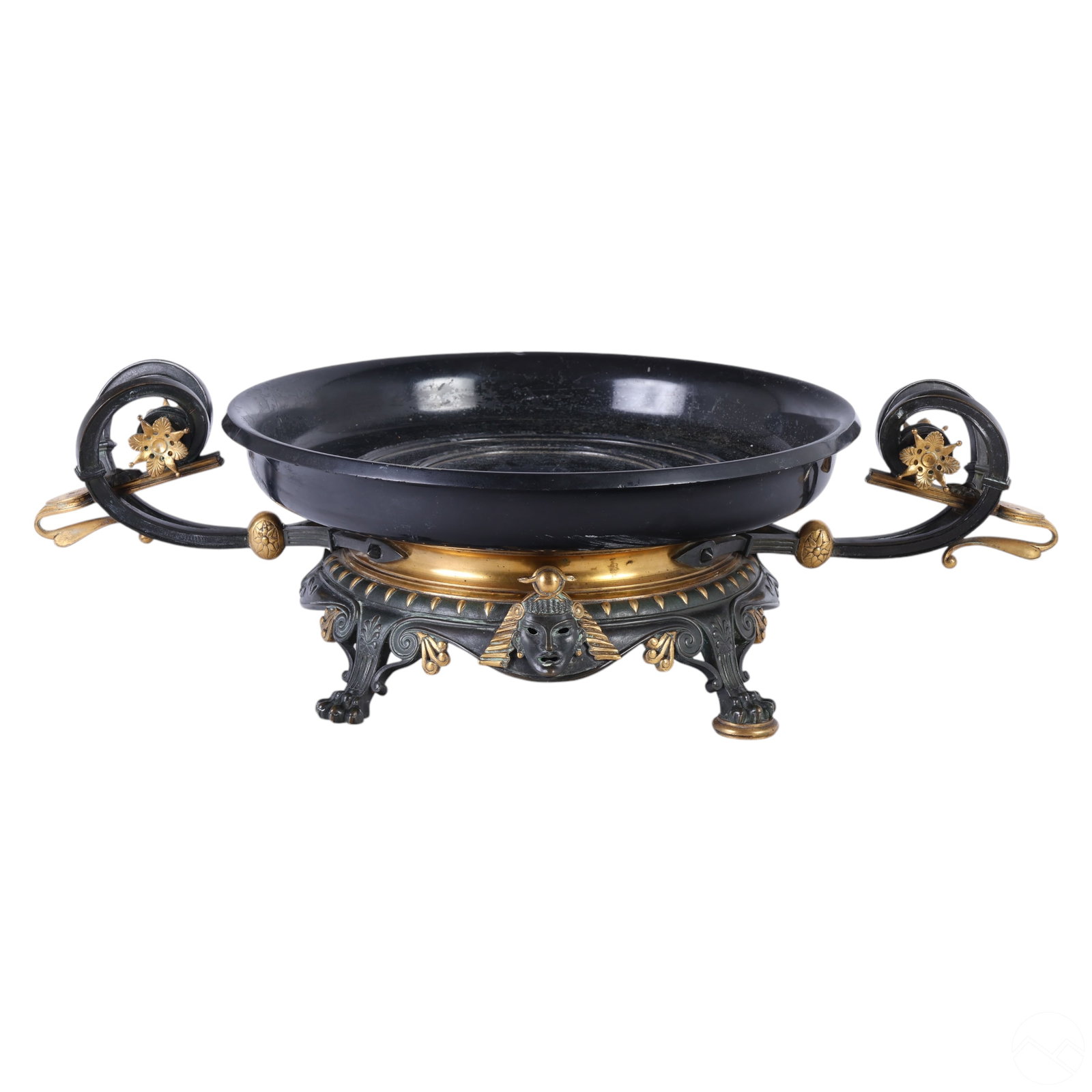 Art Deco-style Egyptian Revival 20" Centerpiece: Art Deco-style Egyptian Revival centerpiece featuring a black slate bowl supported by a bronze base adorned with Egyptian motifs, including a central pharaoh's face emblem. Accents of doré bronze hig