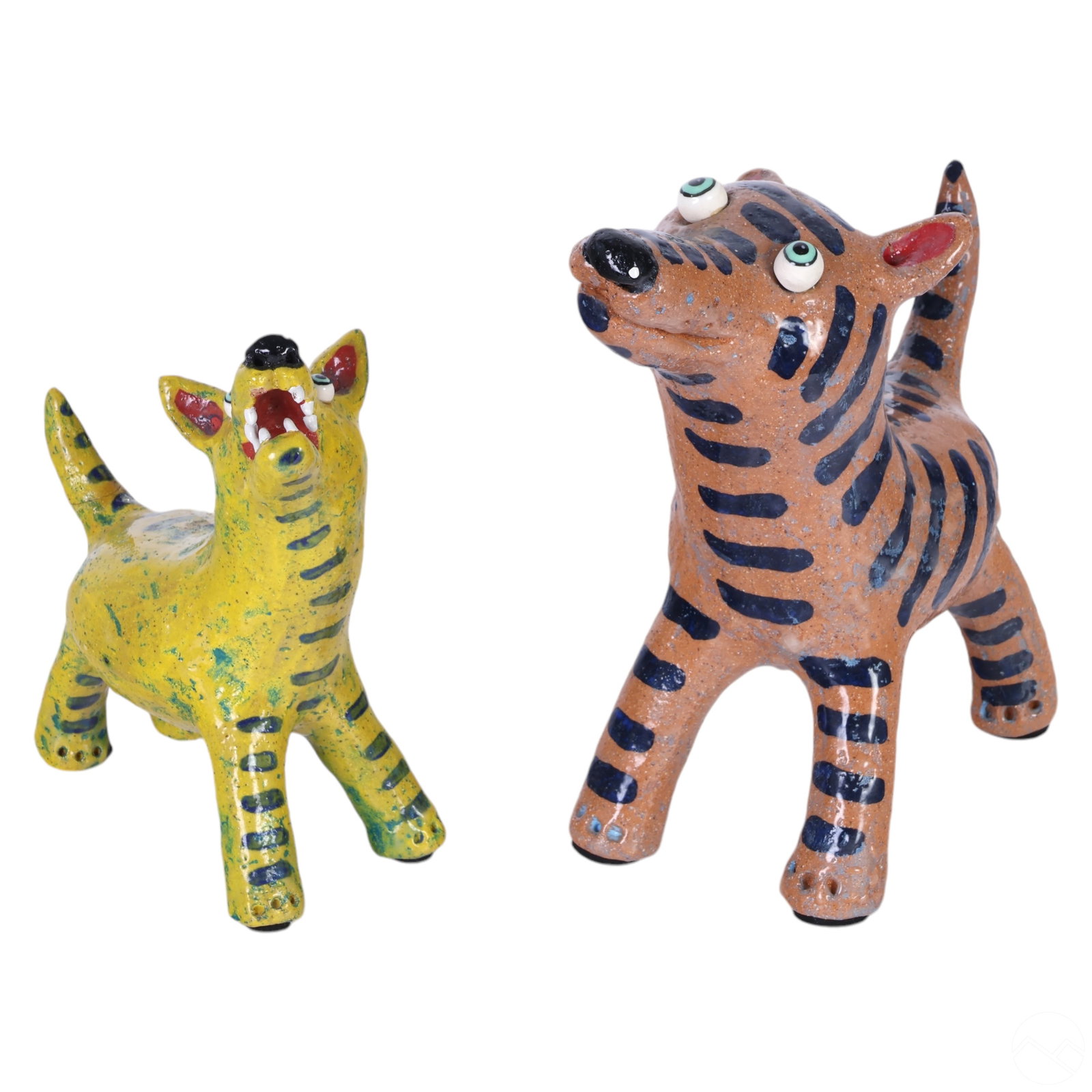 Elodie Barker b.1973 Two Studio Art Pottery Dogs: Elodie Barker (Australian, born 1973), a lot of two studio art pottery dog sculptures that exemplify her playful style. One sculpture features a yellow glaze with bold black stripes and an open mouth 