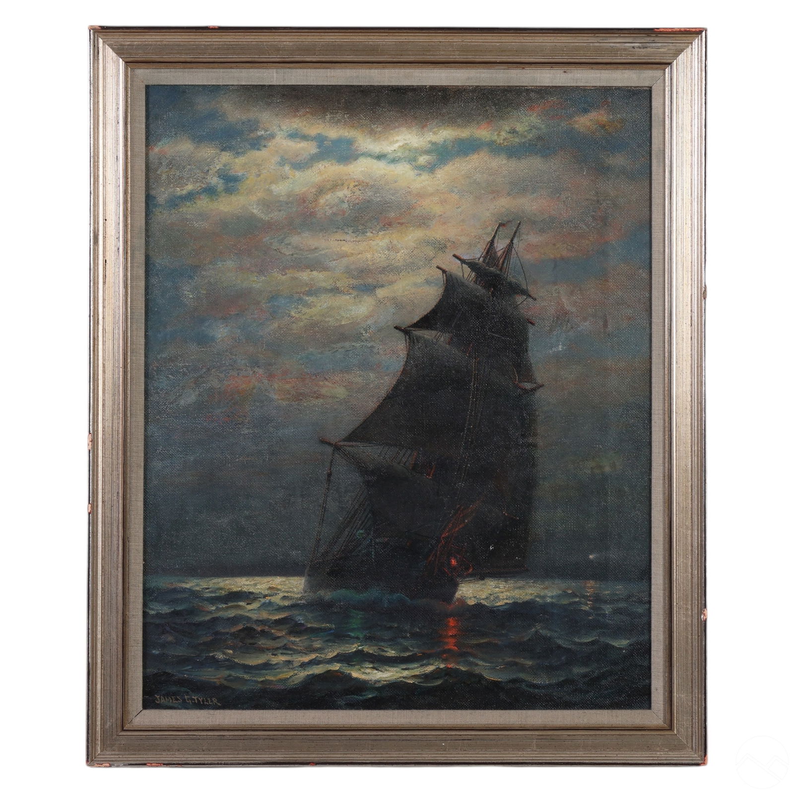 James Gale Tyler 1855-1931 Antique Ship Painting: James Gale Tyler (American, 1855-1931) antique oil painting on canvas depicting a sailing ship in full sail under a moonlit sky on open waters. The composition showcases Tyler's focus on maritime them