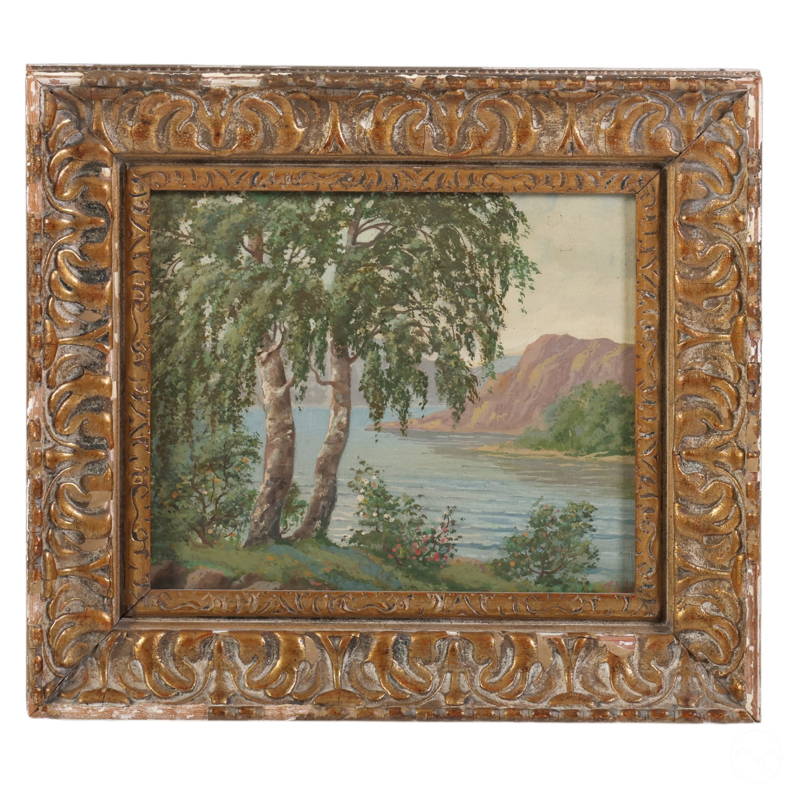 Gyorgy Zala 1858-1937 Lakeside Landscape Painting: Gyorgy Zala (Hungarian, 1858-1937), an original antique oil painting on canvas depicting a peaceful lakeside landscape. The scene features lush trees and calm waters, exuding a sense of tranquility an