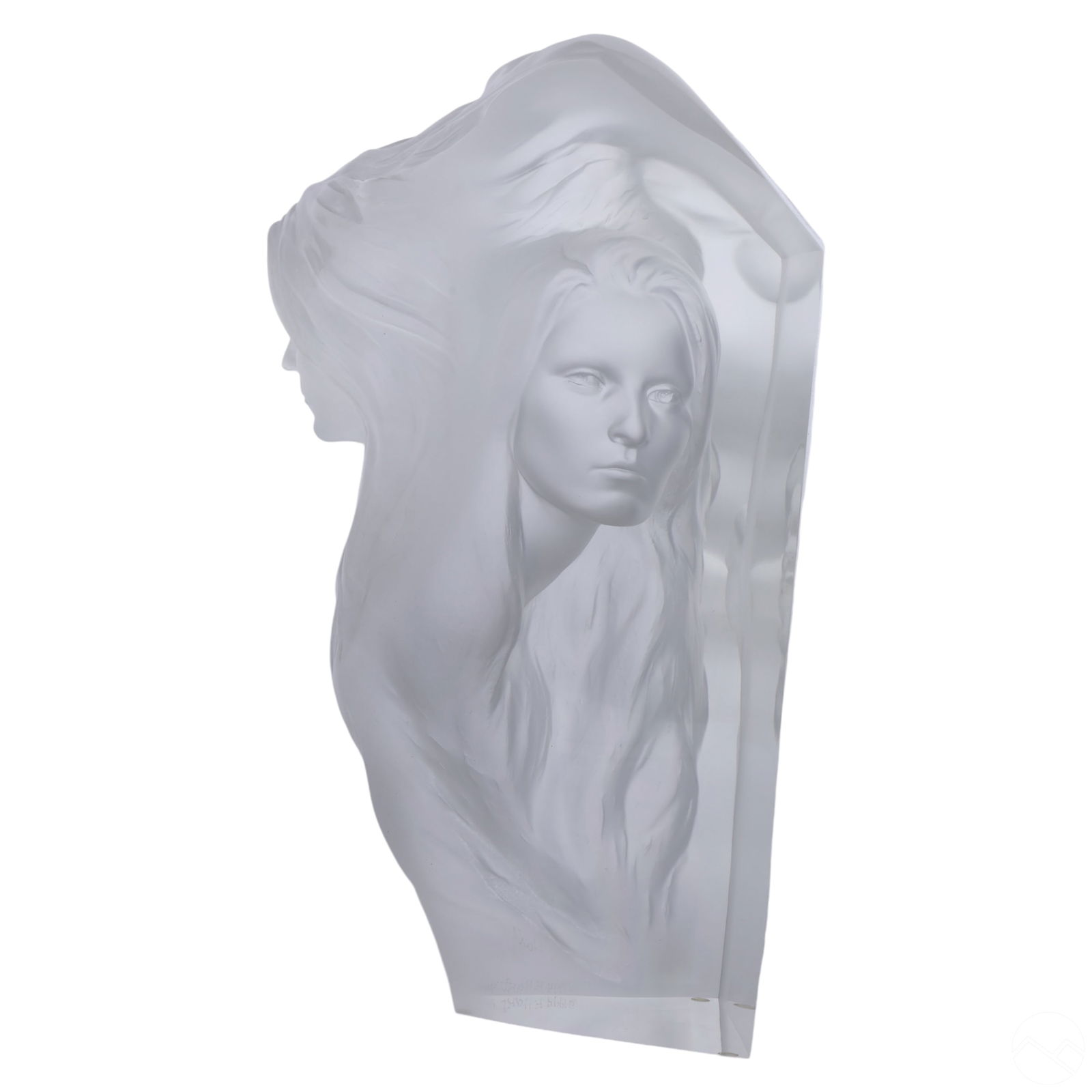 Frederick Hart Reflections Acrylic Art Sculpture: Limited edition Lucite sculpture Reflections by Frederick Hart (1943-1999), depicting a semi-nude woman emerging from an ice-like form. Crafted in clear Lucite, it captures light with ghostly transluc