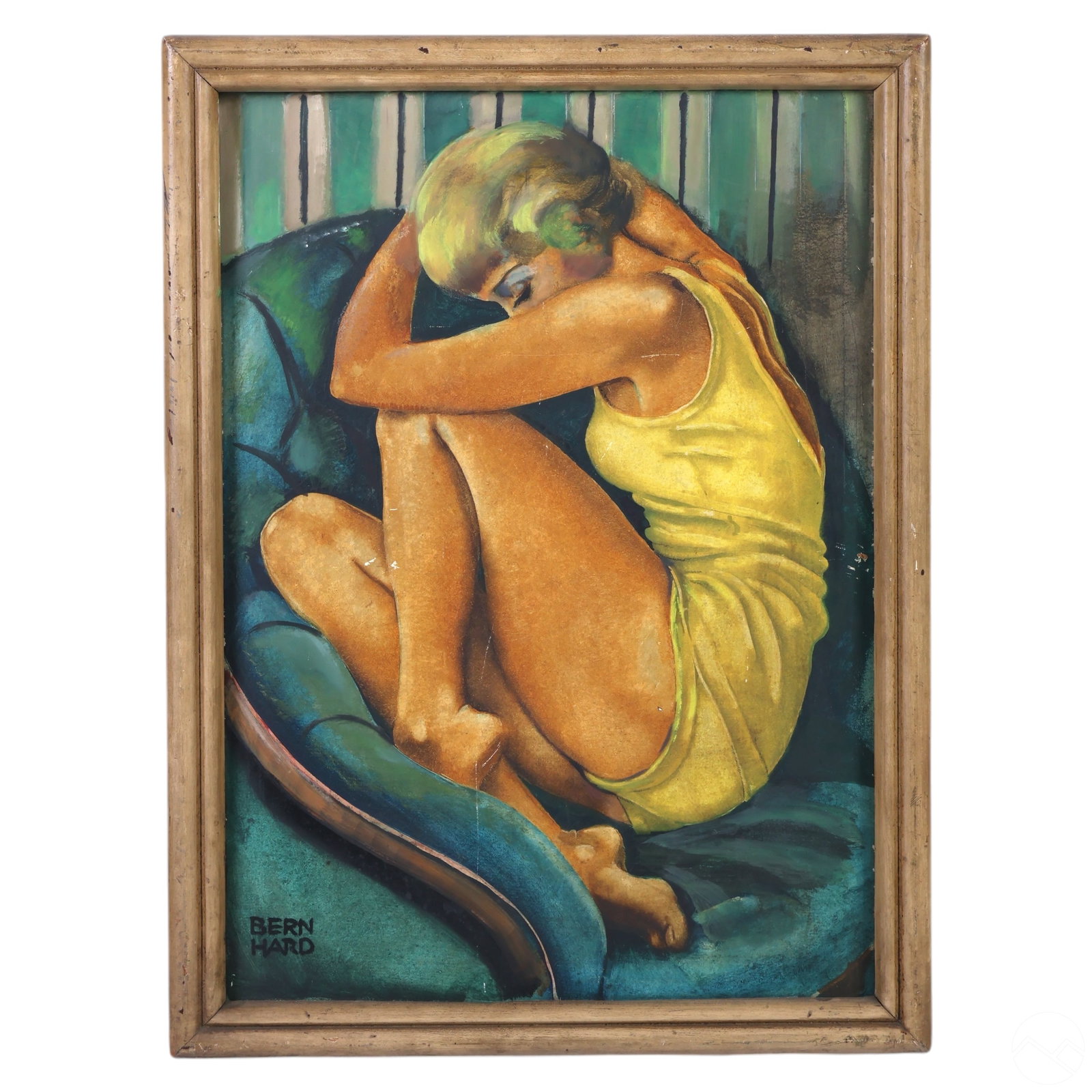 Lucian Bernhard 1883-1972 Woman in Chair Painting: Lucian Bernhard (German-American, 1883-1972), original oil on board depicting a woman in a yellow dress seated on a teal chair in a reflective pose. Signed in the lower left. Presented in a distressed