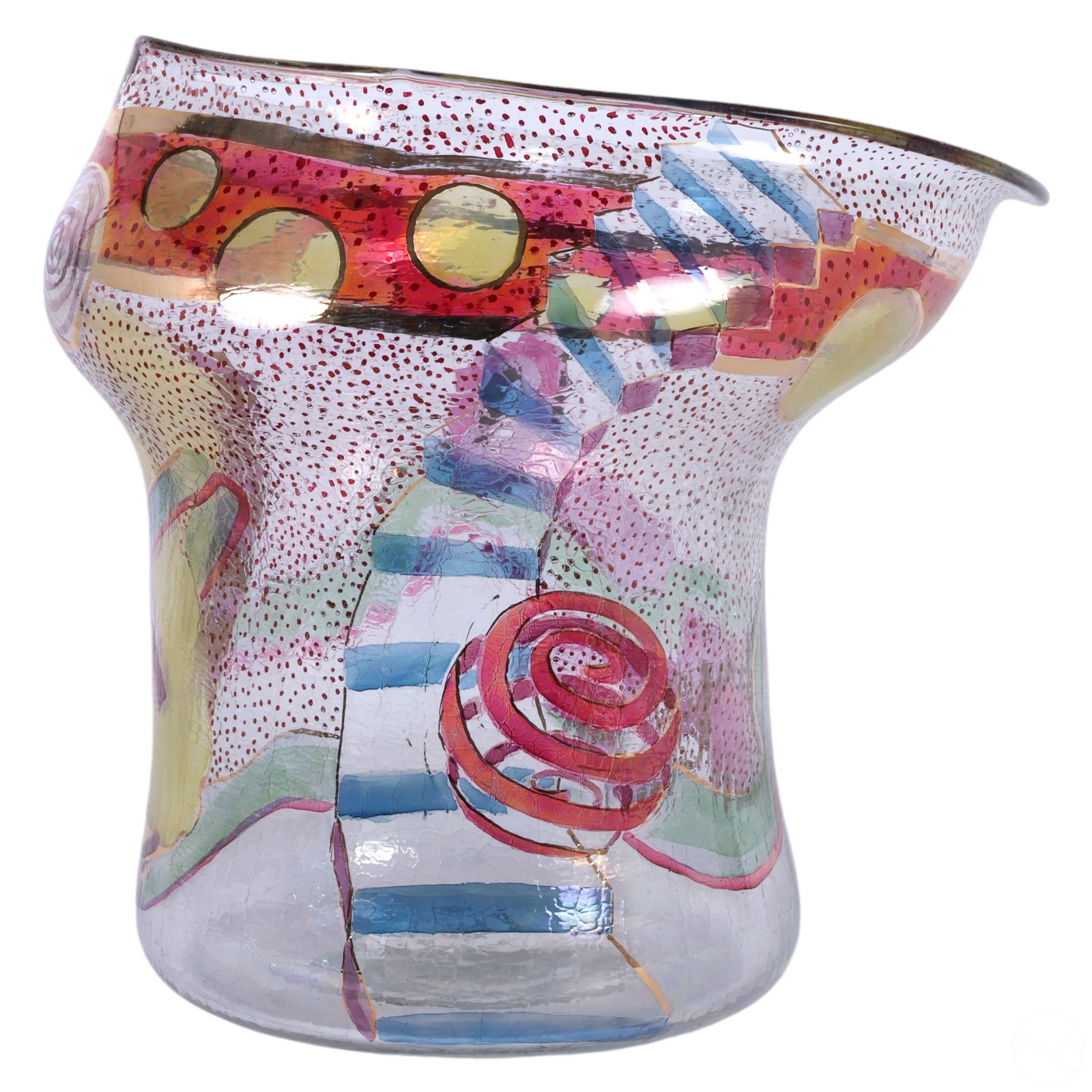 Anthony Corradetti b.1955 Painted Art Glass Vase: Large art glass vase attributed to Anthony Corradetti (American, born 1955), featuring an irregular blown glass form that widens towards the top. The vase is decorated with colorful hand-painted Memph
