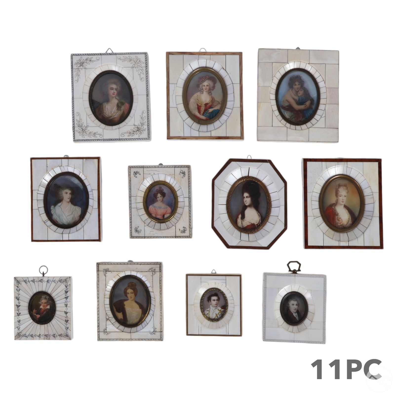 Antique Miniature Bone Frame Portrait Painting LOT: Estate collection of 11 antique miniature portraits, each set in an a white bone frame. These hand painted portraits depict male and female figures from various historical periods, including one of Be