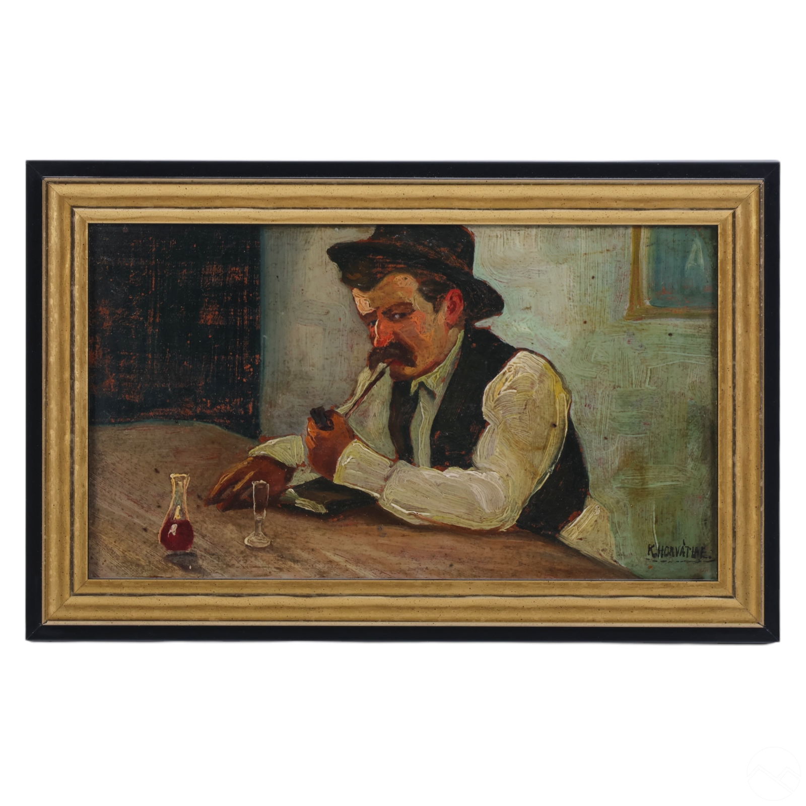 Antique Oil Painting Hungarian Man Portrait SIGNED: Antique oil painting on wood panel depicting a man reclining at a table, enjoying a glass of wine and holding a pipe. The artist uses impasto technique to add texture and depth to the man's clothing a