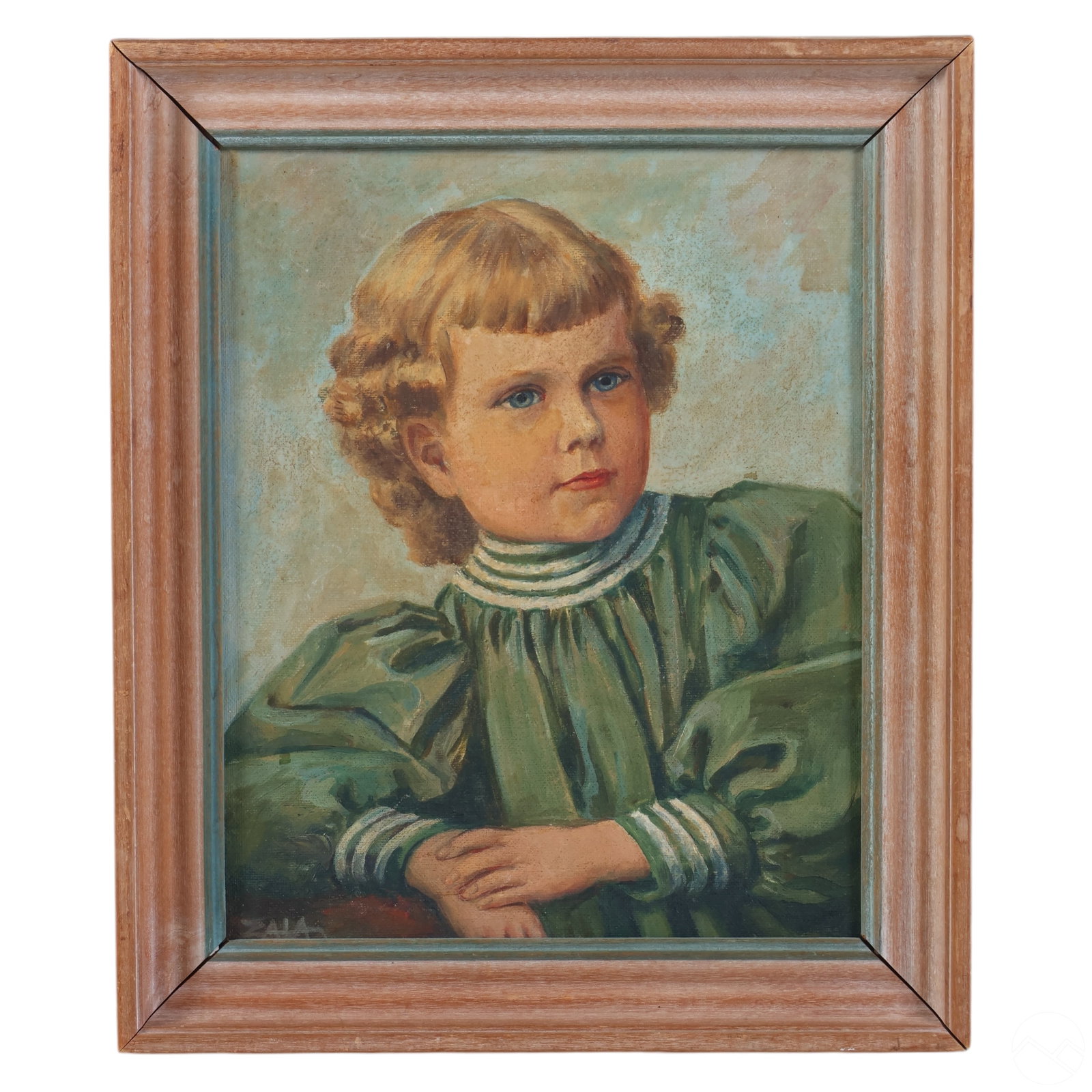 Gyorgy Zala 1858-1937 Female Portrait Oil Painting: Gyorgy Zala (Hungarian, 1858-1937), an early 20th-century oil painting on panel depicting a young child wearing a green dress. Signed in the lower left corner, the painting is presented in a classic w