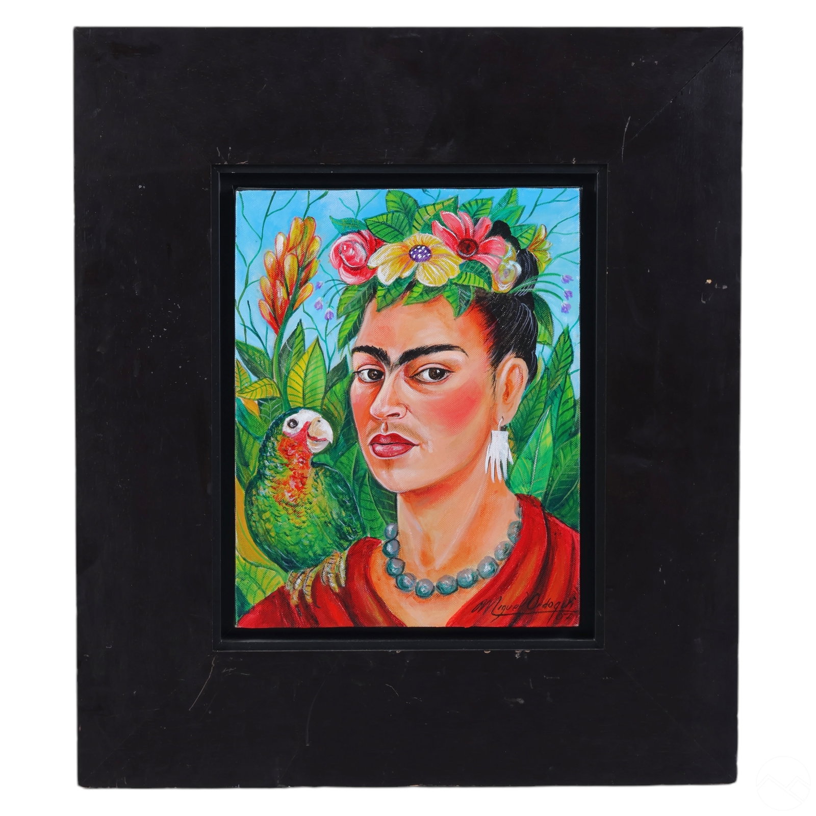 Miguel Ordoqui b1939 Frida Kahlo Portrait Painting: Miguel Ordoqui (Cuban, born 1939) acrylic portrait painting on canvas titled Frida Tropical. The work depicts a Frida Kahlo-inspired figure with her characteristic strong gaze and floral adornments, e