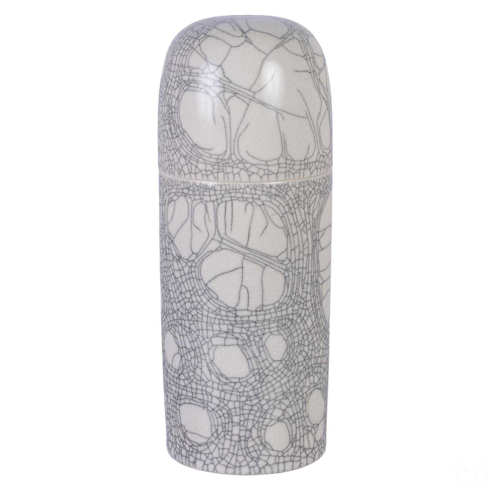 Hideaki Miyamura b.1955 Covered Crackle Glaze Urn: Hideaki Miyamura (Japanese/American, born 1955), a studio art pottery covered vessel showcasing a distinctive crackle glazed design in a refined monochromatic palette. The piece features a smooth, cyl