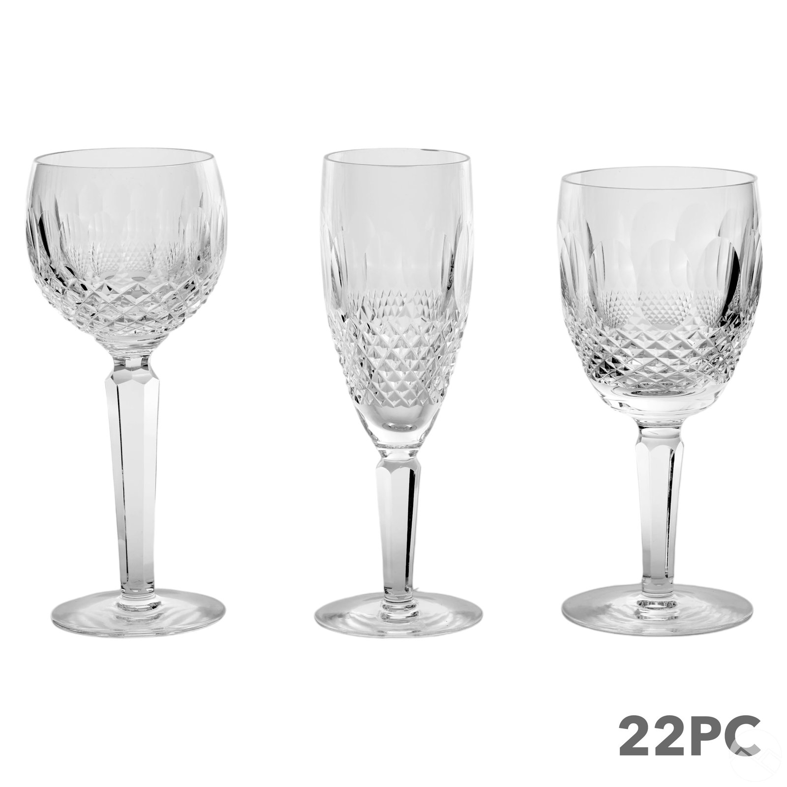 Waterford Irish Colleen Wine & Champagne Glass SET: 22-piece estate collection of Waterford Irish crystal glassware in the Colleen pattern showcasing intricate diamond and vertical cuts. The set includes nine wine glasses measuring 6.75 x 3 inches, fiv