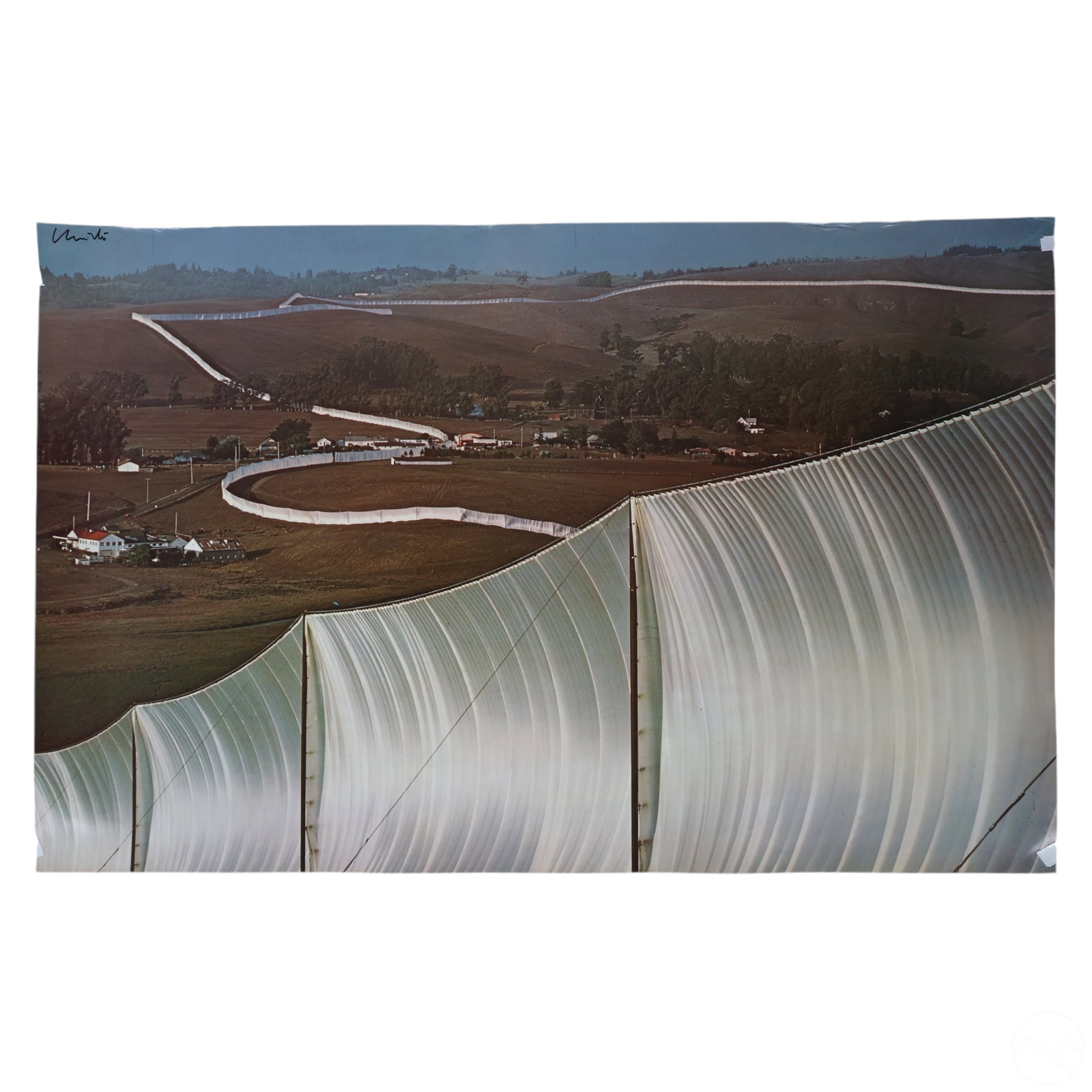 Christo 1935-2020 Running Fence Poster SIGNED: Signed color poster and original brochure for Running Fence (1976), the environmental art installation by Christo (Bulgarian, 1935-2020) and Jeanne-Claude (Moroccan, 1935-2009). The poster features th