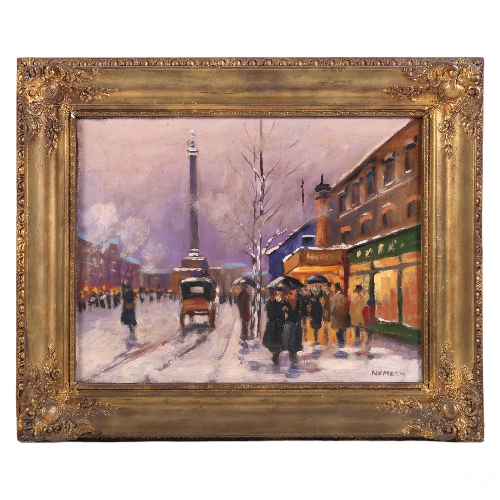 European Winter Street Scene Oil Painting SIGNED (1 of 5)