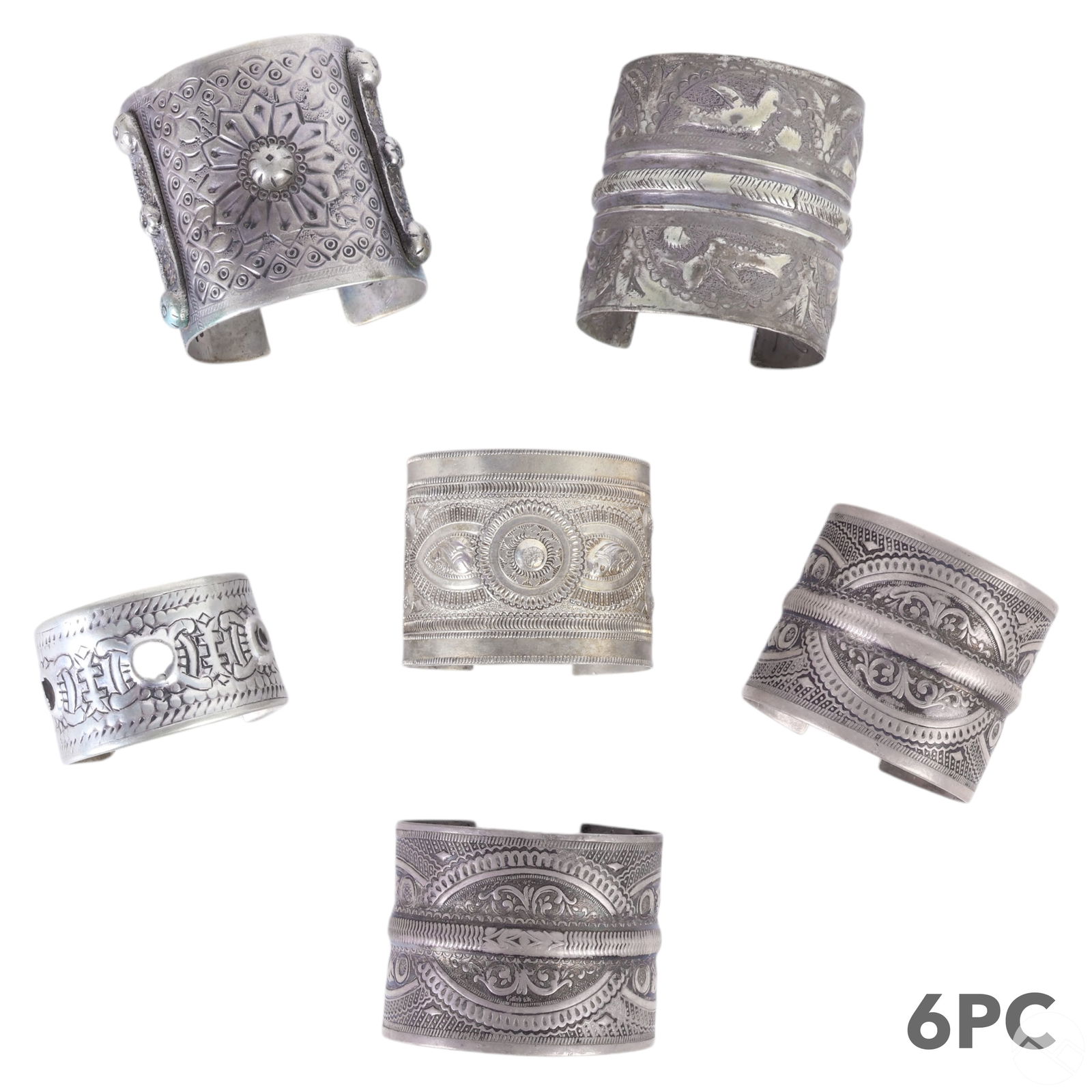 Turkmen Egyptian Tunisian Silver Cuff Bangles LOT: Collection of six handcrafted ethnographic wide cuff bracelets exemplifying the intricate designs and artistry of tribal silverwork. Representing influences from Turkmen, Egyptian, Tunisian, Libyan, B