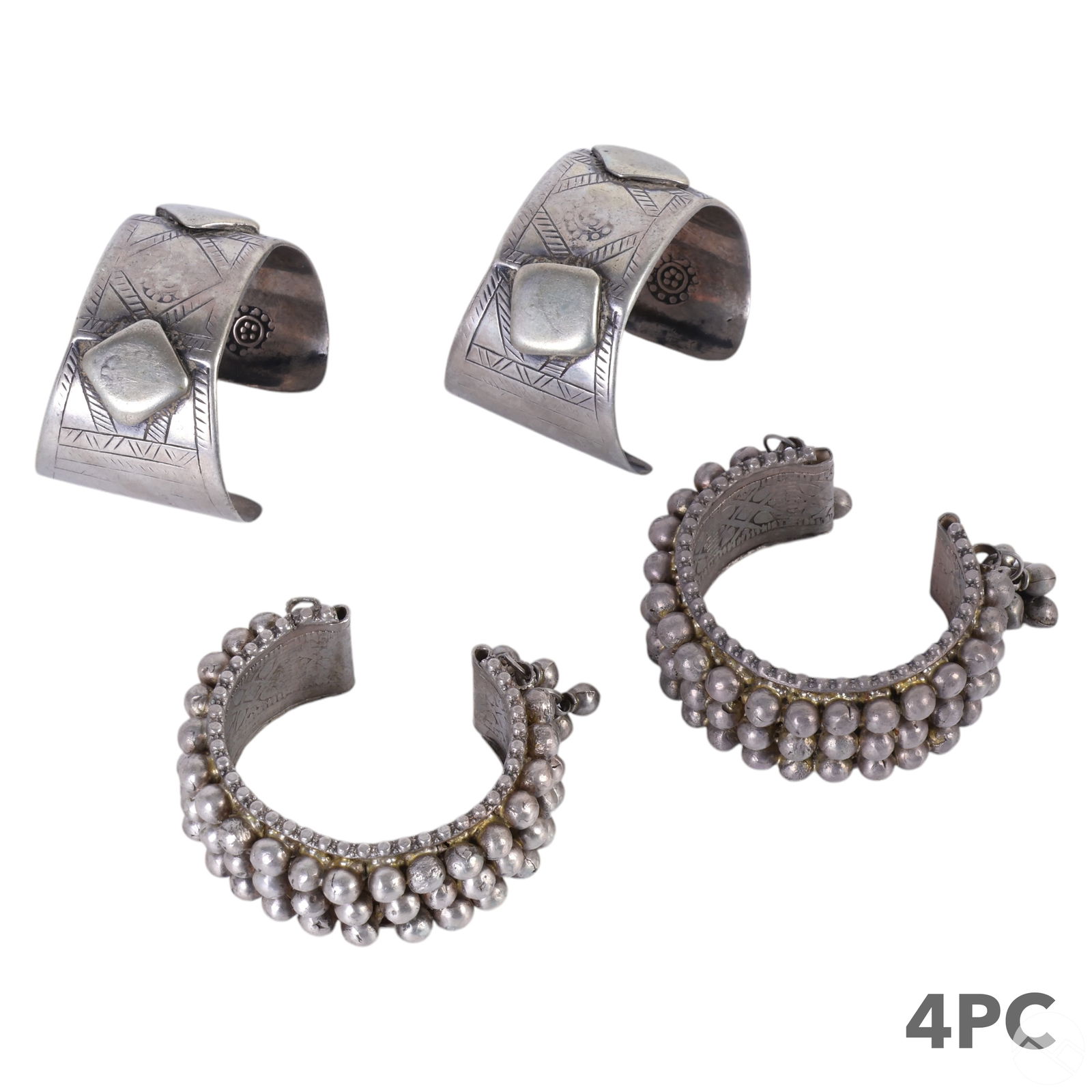 Bedouin Egyptian Silver Tribal Cuff Bracelets LOT: Estate lot of four vintage cuff bracelets, each meticulously handcrafted and inspired by traditional Yemeni Bedouin and Egyptian design elements. This collection features (2) cuffs with bold geometric