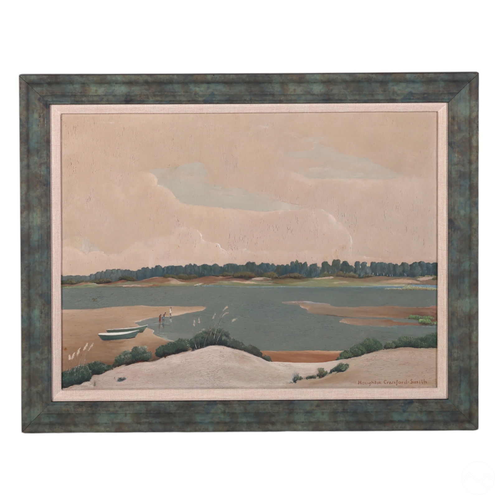 Houghton Cranford Smith (1887-1983) Oil Painting: Houghton Cranford Smith (American, 1887-1983) original oil painting on canvas depicting a riverside landscape with a sandy shore, vegetation, a docked boat, and figures along the riverbank beneath an