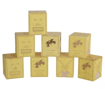 Lalique L'Air du Temsp Nina Ricci Perfume 8pc LOT: Estate collection of eight vintage sealed boxes of Nina Ricci L'Air du Temps pure parfum, each containing 7.5 ml (1/4 oz.) of fragrance in its original packaging. Each box features the iconic Lalique