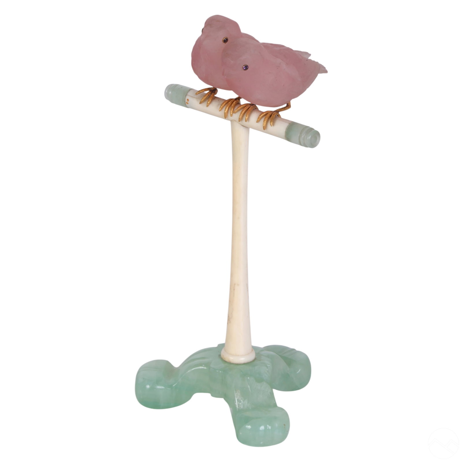 Victorian Carved Rose Quartz Birds & Jade Stand (1 of 6)
